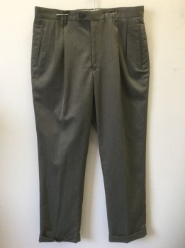 Mens, Slacks, LOUIS RAPHAEL, Taupe, Polyester, Rayon, Solid, Ins:32, W:36, Double Pleated, Button Tab Waist, Zip Fly, 4 Pockets, Straight Leg, Cuffed Hems, 90's/00's **Has a Double