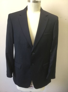 KENNETH ROBERTS, Navy Blue, Wool, Solid, Dark Navy (Nearly Black), Single Breasted, Notched Lapel, 2 Buttons, 3 Pockets, Solid Gray Lining
