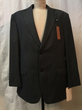 Mens, Sportcoat/Blazer, HAGGAR, Heather Gray, Lt Gray, Slate Blue, Polyester, Viscose, Stripes - Pin, Heathered, 46 T, Heather Gray, Lt Gray & Slate Blue Pinstripes, Notched Lapel, Collar Attached, 2 Buttons, 3 Pockets,