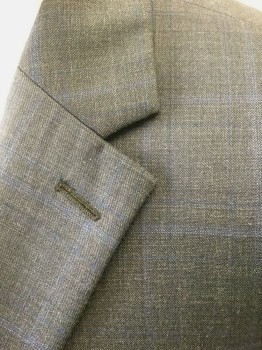 RALPH LAUREN, Dk Gray, Dk Blue, Wool, Polyester, Plaid, Dark Gray Background with Faint Dark Blue Plaid, Single Breasted, Notched Lapel, 2 Buttons, 3 Pockets, Brown Satin Lining with Self Medallion Pattern