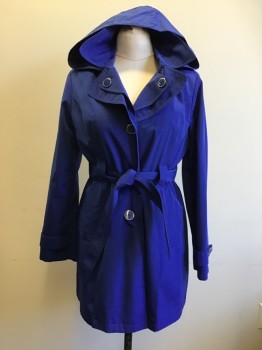 Womens, Coat, Trenchcoat, LONDON FOG, Royal Blue, Polyester, Solid, M, Single Breasted, Collar Attached, Self Belt, Button Tab Sleeve Cuffs, Button Detachable Hood, Double Lapel