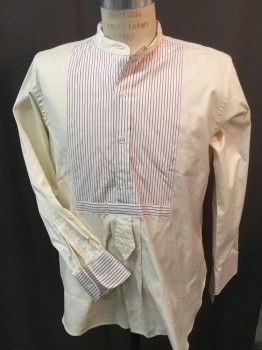 MTO, Cream, Off White, Red Burgundy, Cashmere, Solid, Stripes - Vertical , Cream with Off White & Burgundy Vertical Stripes Yoke Front, & Long Sleeves Cuffs, Stand Collar Attached, Button Front,