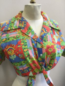 N/L, Multi-color, Green, Red, Yellow, White, Cotton, Geometric, Novelty Pattern, Colorful Geometric with Gingham, Floral, Polka Dot "Patchwork" Detail, Novelty Dancing Bavarian People, Houses, Cutesy Details, Short Sleeves, Snap Front, Collar Attached, Cropped with Self Ties at Center Front,