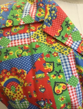 Womens, Top, N/L, Multi-color, Green, Red, Yellow, White, Cotton, Geometric, Novelty Pattern, S, B <38", Colorful Geometric with Gingham, Floral, Polka Dot "Patchwork" Detail, Novelty Dancing Bavarian People, Houses, Cutesy Details, Short Sleeves, Snap Front, Collar Attached, Cropped with Self Ties at Center Front,