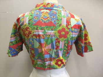 Womens, Top, N/L, Multi-color, Green, Red, Yellow, White, Cotton, Geometric, Novelty Pattern, S, B <38", Colorful Geometric with Gingham, Floral, Polka Dot "Patchwork" Detail, Novelty Dancing Bavarian People, Houses, Cutesy Details, Short Sleeves, Snap Front, Collar Attached, Cropped with Self Ties at Center Front,