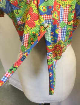 N/L, Multi-color, Green, Red, Yellow, White, Cotton, Geometric, Novelty Pattern, Colorful Geometric with Gingham, Floral, Polka Dot "Patchwork" Detail, Novelty Dancing Bavarian People, Houses, Cutesy Details, Short Sleeves, Snap Front, Collar Attached, Cropped with Self Ties at Center Front,