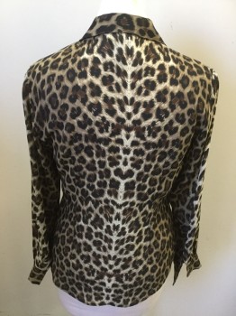 Womens, Blouse, A. BUYER, Brown, Tan Brown, Black, Cream, Rayon, Animal Print, L, Leopard Print, Button Front, Collar Attached, Long Sleeves, Cuff