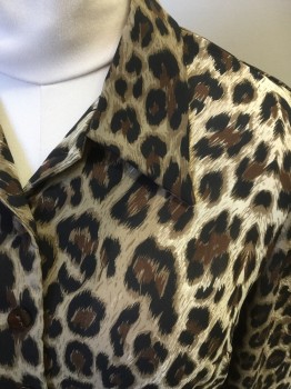 Womens, Blouse, A. BUYER, Brown, Tan Brown, Black, Cream, Rayon, Animal Print, L, Leopard Print, Button Front, Collar Attached, Long Sleeves, Cuff