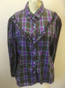 MAGGIE SWEET, Multi-color, Purple, Teal Green, Black, Red, Polyester, Cotton, Plaid, Button Front, Long Sleeves, Collar Attached, Yoke with Ruffle & Piping,