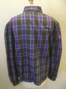 MAGGIE SWEET, Multi-color, Purple, Teal Green, Black, Red, Polyester, Cotton, Plaid, Button Front, Long Sleeves, Collar Attached, Yoke with Ruffle & Piping,