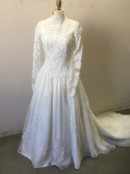 Womens, Wedding Dress, RENEE STRAUSS, White, Polyester, Floral, Solid, W:26, B:36, Bodice is Tulle Net with White Lace, Cream Rosettes and Floral Cording, and Pearl Beads in Intricate Pattern, Long Sleeves, Chest and Neck are Sheer, Stand Collar with Scallopped Edge, Full Organza Floor Length Skirt with Lace and Pearl Appliqués Scattered Throughout, Satin Self Fabric Buttons Down Center Back Covering Hidden Center Back Zipper, Long Train in Back, Modest, Full Coverage
