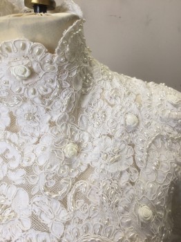 Womens, Wedding Dress, RENEE STRAUSS, White, Polyester, Floral, Solid, W:26, B:36, Bodice is Tulle Net with White Lace, Cream Rosettes and Floral Cording, and Pearl Beads in Intricate Pattern, Long Sleeves, Chest and Neck are Sheer, Stand Collar with Scallopped Edge, Full Organza Floor Length Skirt with Lace and Pearl Appliqués Scattered Throughout, Satin Self Fabric Buttons Down Center Back Covering Hidden Center Back Zipper, Long Train in Back, Modest, Full Coverage