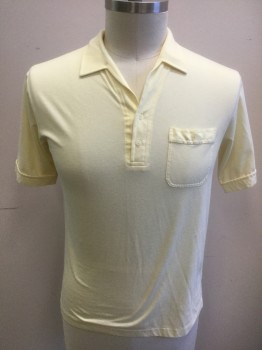 MERVYN'S SPORTSMAN, Lt Yellow, Cotton, Polyester, Solid, Jersey, Short Sleeves, 1 Patch Pocket, 2 Buttons, V-neck, Collar Attached, Late 1970's/Early 1980's