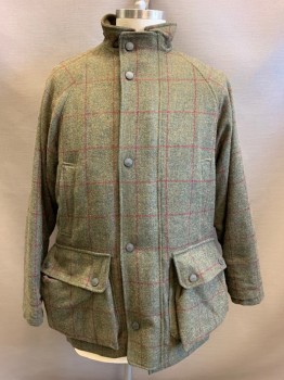 PURDEY, Olive Green, Brick Red, Wool, Plaid, Stand Collar, Higher Collar at Back, Zip Front, & Button Front, 2 Large Pockets with Snap Button, Pockets on Lining, Straps on Inner Side of Jacket, Straps Start at Loop on Back of Neck