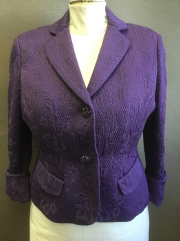NIPON BOUTIQUE, Royal Purple, Polyester, Cotton, Solid, Floral, Single Breasted, 2 Purple Rhinestone Buttons,  Notched Lapel, 2 Pockets, Quilted Floral Motif