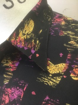 N/L, Black, Coral Pink, Purple, Yellow, Silk, Abstract , Black with Abstract Colorful Pattern, Short Sleeves, 4 Button Placket and Collar Attached, 1 Pocket, Pullover with Black Solid Rib Knit Waistband, Multiples,