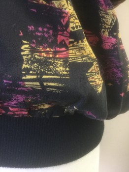 N/L, Black, Coral Pink, Purple, Yellow, Silk, Abstract , Black with Abstract Colorful Pattern, Short Sleeves, 4 Button Placket and Collar Attached, 1 Pocket, Pullover with Black Solid Rib Knit Waistband, Multiples,