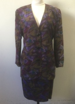 MICHELLE STUART, Purple, Teal Green, Ochre Brown-Yellow, Magenta Pink, Black, Silk, Abstract , Single Breasted, 3 Oversized Buttons, No Lapel, V-neck, Heavily Padded Shoulders, Below Hip Length,