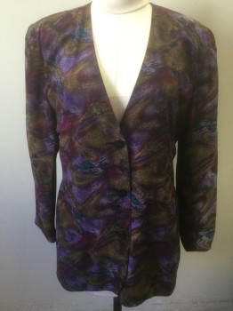 Womens, 1980s Vintage, Suit, Jacket, MICHELLE STUART, Purple, Teal Green, Ochre Brown-Yellow, Magenta Pink, Black, Silk, Abstract , B:40, Sz.12, Single Breasted, 3 Oversized Buttons, No Lapel, V-neck, Heavily Padded Shoulders, Below Hip Length,