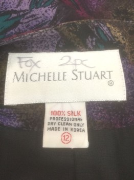 MICHELLE STUART, Purple, Teal Green, Ochre Brown-Yellow, Magenta Pink, Black, Silk, Abstract , Single Breasted, 3 Oversized Buttons, No Lapel, V-neck, Heavily Padded Shoulders, Below Hip Length,