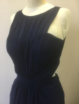 Womens, Evening Gown, LA FEMME, Navy Blue, Polyester, Spandex, Solid, Sz.8, Sheer Stretchy Net Over Opaque Under-Layer, Sleeveless, Round Neck, Sheer Bust with Padded Strapless Underneath, Gathered at Front Bust and Waist,  Open at Back Waist, Floor Length **TV Alts - Taken in at Sides