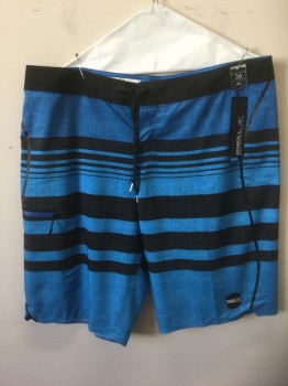 Mens, Swim Trunks, O'NEILL, Blue, Black, Polyester, Spandex, Stripes - Horizontal , W:36, Blue and Black Horizontal Stripes of Varying Widths, 2" Wide Black Waistband, Black Lacing/Ties at Center Front Waist with Velcro Closure, 12" Inseam
