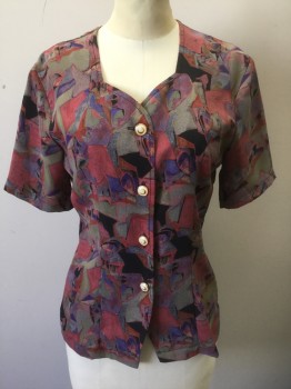 Womens, Top, PUCCINI, Multi-color, Pink, Purple, Putty/Khaki Gray, Black, Rayon, B36, S, Funky Geometric Patterned Crepe, Short Sleeves, Button Front, Gold and Cream Swirled Pattern Buttons, Sweetheart Neckline, Darts, Late 1980's/Early 1990's