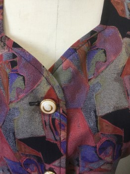 PUCCINI, Multi-color, Pink, Purple, Putty/Khaki Gray, Black, Rayon, Funky Geometric Patterned Crepe, Short Sleeves, Button Front, Gold and Cream Swirled Pattern Buttons, Sweetheart Neckline, Darts, Late 1980's/Early 1990's