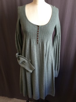 LAUREATE LANE, Sage Green, Wool, Acrylic, Solid, Ribbed Knit Top & Flat Knit Bottom, Scoop Neck, 8 Tiny Brown Buttons at Front, Long Sleeves, Hem Above Knee