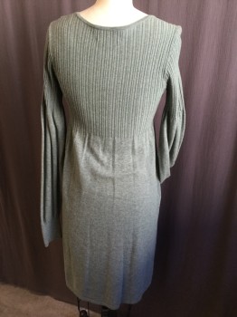 LAUREATE LANE, Sage Green, Wool, Acrylic, Solid, Ribbed Knit Top & Flat Knit Bottom, Scoop Neck, 8 Tiny Brown Buttons at Front, Long Sleeves, Hem Above Knee