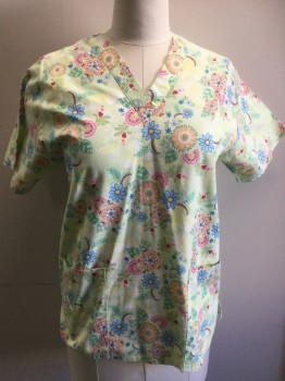 PEACHES, Lime Green, Green, Blue, Orange, Pink, Poly/Cotton, Floral, Short Sleeves, V-neck, 2 Pockets,