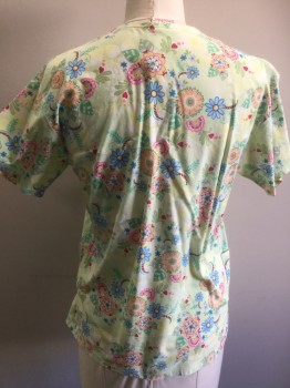 PEACHES, Lime Green, Green, Blue, Orange, Pink, Poly/Cotton, Floral, Short Sleeves, V-neck, 2 Pockets,