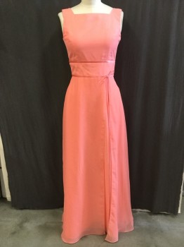 Womens, Evening Gown, JORDAN, Salmon Pink, Polyester, Solid, 10, Sheer Salmon with Salmon Lining, Square Neck, 2" Straps, 2 - 1/2" Satin Salmon Stripes on Bodice with Self Thin Long Tie Waist, Sheer Salmon Skirt Side Open,  Zip  Back,