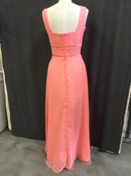 Womens, Evening Gown, JORDAN, Salmon Pink, Polyester, Solid, 10, Sheer Salmon with Salmon Lining, Square Neck, 2" Straps, 2 - 1/2" Satin Salmon Stripes on Bodice with Self Thin Long Tie Waist, Sheer Salmon Skirt Side Open,  Zip  Back,