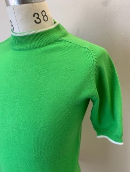 FULL FASHION, Lime Green, White, Acrylic, Solid, Knit, Short Sleeved Pullover, Ribbed Crew Neck, White Trim,