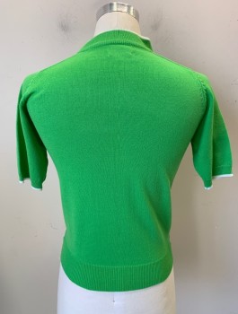 FULL FASHION, Lime Green, White, Acrylic, Solid, Knit, Short Sleeved Pullover, Ribbed Crew Neck, White Trim,