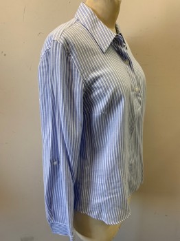Womens, Top, JONES NY, Blue, White, Cotton, Stripes - Vertical , S, Long Sleeves, Pullover, Button Front Placket, Collar Attached,