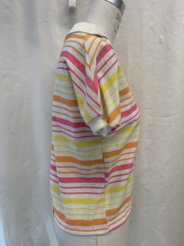 KORET OF CALIFORNIA, White, Hot Pink, Orange, Yellow, Cotton, Stripes - Horizontal , Collar Attached, Short Sleeves, V-neck, 2 Buttons