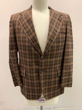 NO LABEL, Dk Brown, Brown, Polyester, Wool, Gingham, Self Chevron Pattern, Notched Lapel, Single Breasted, Button Front, 2 Buttons, 3 Pockets