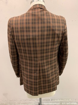 NO LABEL, Dk Brown, Brown, Polyester, Wool, Gingham, Self Chevron Pattern, Notched Lapel, Single Breasted, Button Front, 2 Buttons, 3 Pockets