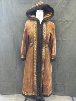 Womens, Coat, N/L, Caramel Brown, Chocolate Brown, Cotton, Solid, B 34, Caramel Velvet, Dark Chocolate Boucle Trim, Multicolor Embroidered Ribbon Trim/Waistband, Zip Front, Attached Hood, Long Sleeves, 2 Pockets, Hem Below Knee, **Seam hole Above Left Pocket, and Strings From Ribbon Trim at Hem Coming Apart**Stain Front Left About 10" From Hem*