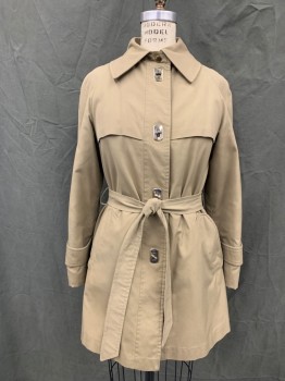 Womens, Coat, RAINMASTER, Khaki Brown, Cotton, Solid, B 34, Short Trench Coat, Silver Toggle Button Front, Collar Attached, Raglan Long Sleeves, Attached Button Tabs at Cuff, 2 Pockets, Front Storm Flaps, Back Storm Flap. Self Belt, Belt Loops, Chocolate Faux Fur Lining