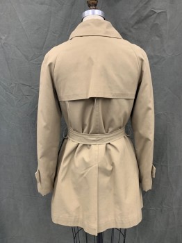 Womens, Coat, RAINMASTER, Khaki Brown, Cotton, Solid, B 34, Short Trench Coat, Silver Toggle Button Front, Collar Attached, Raglan Long Sleeves, Attached Button Tabs at Cuff, 2 Pockets, Front Storm Flaps, Back Storm Flap. Self Belt, Belt Loops, Chocolate Faux Fur Lining