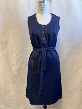 GRAFF, Navy Blue, Polyester, Solid, Sleeveless, Stretch, Scoop Neck, 3 Gold Button Placket, Orange Top Stitching, 1 Hip Pocket with Studded Embellishment, Knee Length, Self Belt