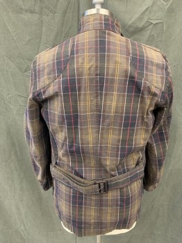 Mens, Casual Jacket, BARBOUR, Dk Brown, Red, White, Yellow, Brown, Cotton, Plaid, L, Zip/Snap Front, 4 Pockets, Stand Collar, Tab Belted Collar, Long Sleeves, Self Belt Tacked to Itself in Back,
