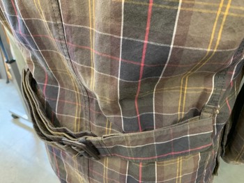 Mens, Casual Jacket, BARBOUR, Dk Brown, Red, White, Yellow, Brown, Cotton, Plaid, L, Zip/Snap Front, 4 Pockets, Stand Collar, Tab Belted Collar, Long Sleeves, Self Belt Tacked to Itself in Back,