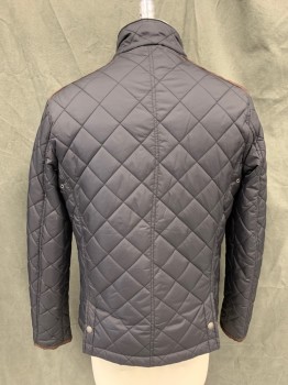 Mens, Casual Jacket, GLOSTORY, Black, Brown, Polyamide, Color Blocking, M, Black Quilted, Brown Suede Shoulders and Trim, Zip/Snap Front, 3 Pockets, Long Sleeves, Stand Collar, Tab Buckle Collar Closure