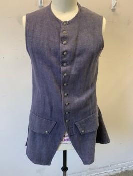 N/L MTO, Slate Gray, Cotton, Solid, Coarsely Woven Cloth, Silver Embossed Buttons at Front, 2 Faux Pocket Flaps with Silver Buttons, Aged/Worn Down, Back is Black Broadcloth, Shorter Than Front, Made To Order Reproduction