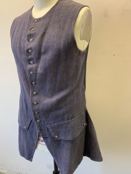 Mens, Historical Fiction Vest, N/L MTO, Slate Gray, Cotton, Solid, 44, Coarsely Woven Cloth, Silver Embossed Buttons at Front, 2 Faux Pocket Flaps with Silver Buttons, Aged/Worn Down, Back is Black Broadcloth, Shorter Than Front, Made To Order Reproduction