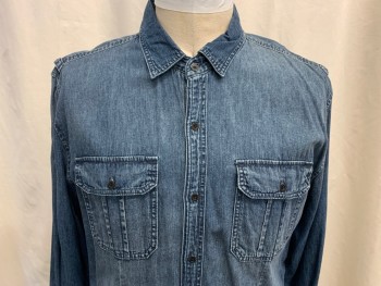 CALVIN KLEIN, Denim Blue, Cotton, Heathered, Medium Blue Wash, Sanded Wash, Collar Attached, Long Sleeves, Button Front, 2 Chest Patch and Flap Pockets, Back Shoulder Loops,